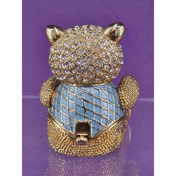 Faberge Collection Teddy Bear Jewelry Trinket Box Blue Enamel Clear Crystals 2” - Picture 3 of 10